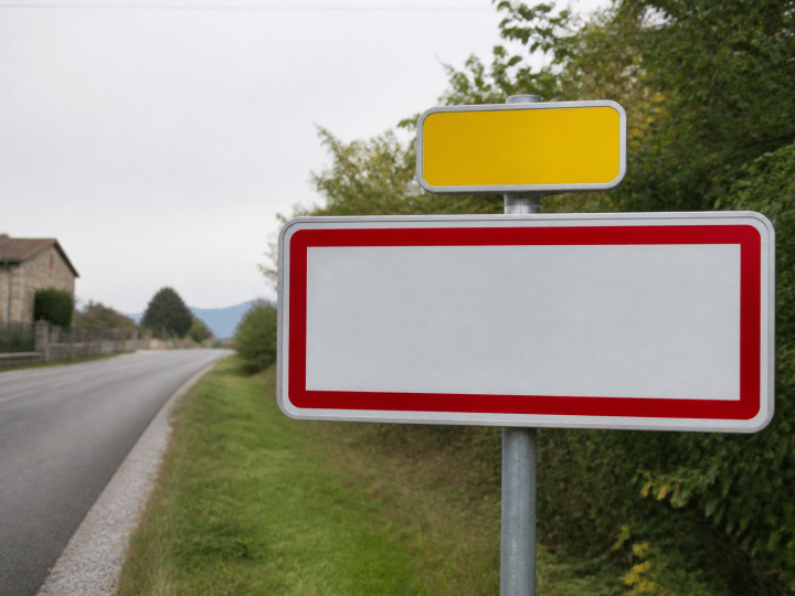 Panneau routier affichant le nom de la commune avec population inscrite