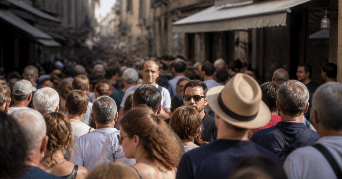 Foule dense de personnes debout dans rue etroite