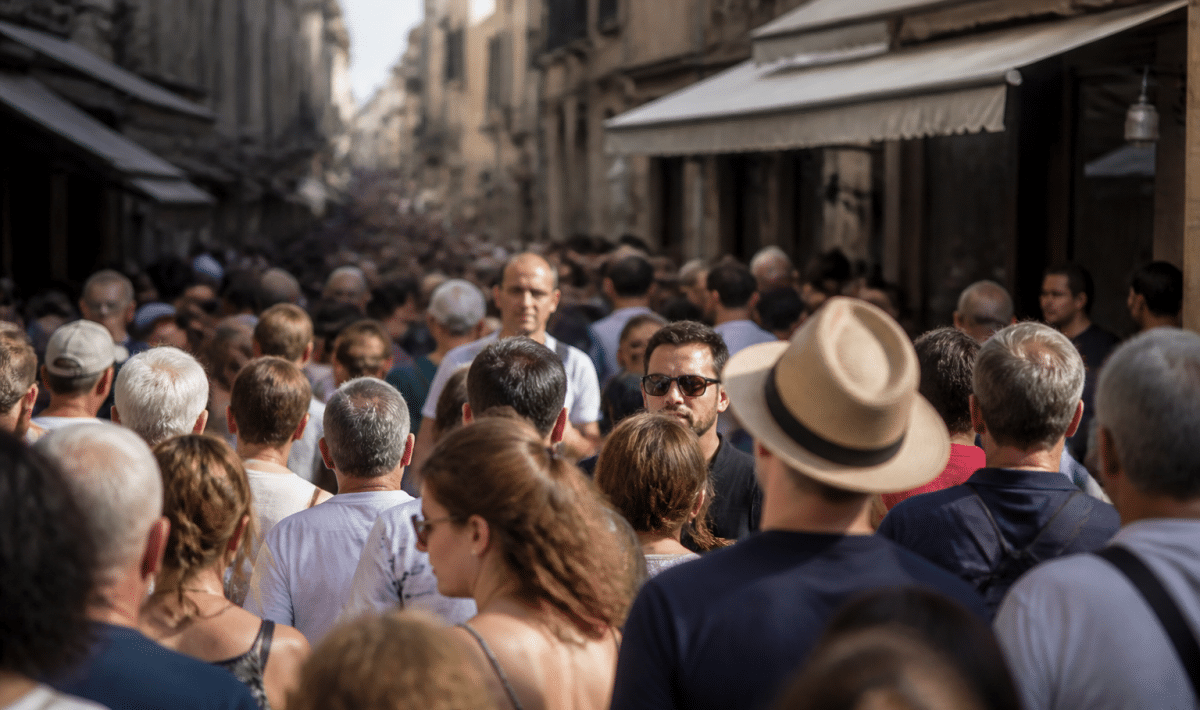 Foule dense de personnes debout dans rue etroite