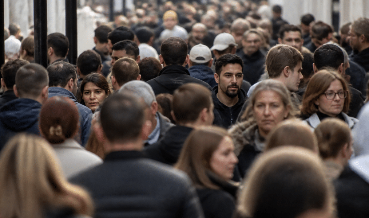 Foule de personnes debout serrées ensemble dans rue urbaine
