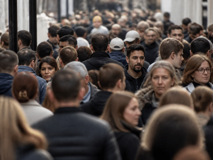 Foule de personnes debout serrées ensemble dans rue urbaine