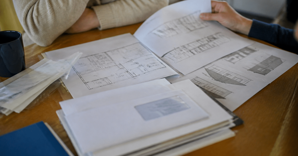 Documents de pret etales sur bureau avec plans renovation