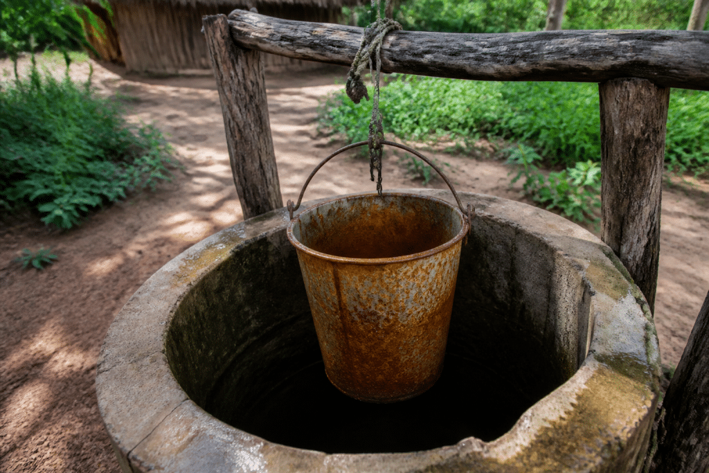 Puits d'eau rurale avec seau rouille contaminé