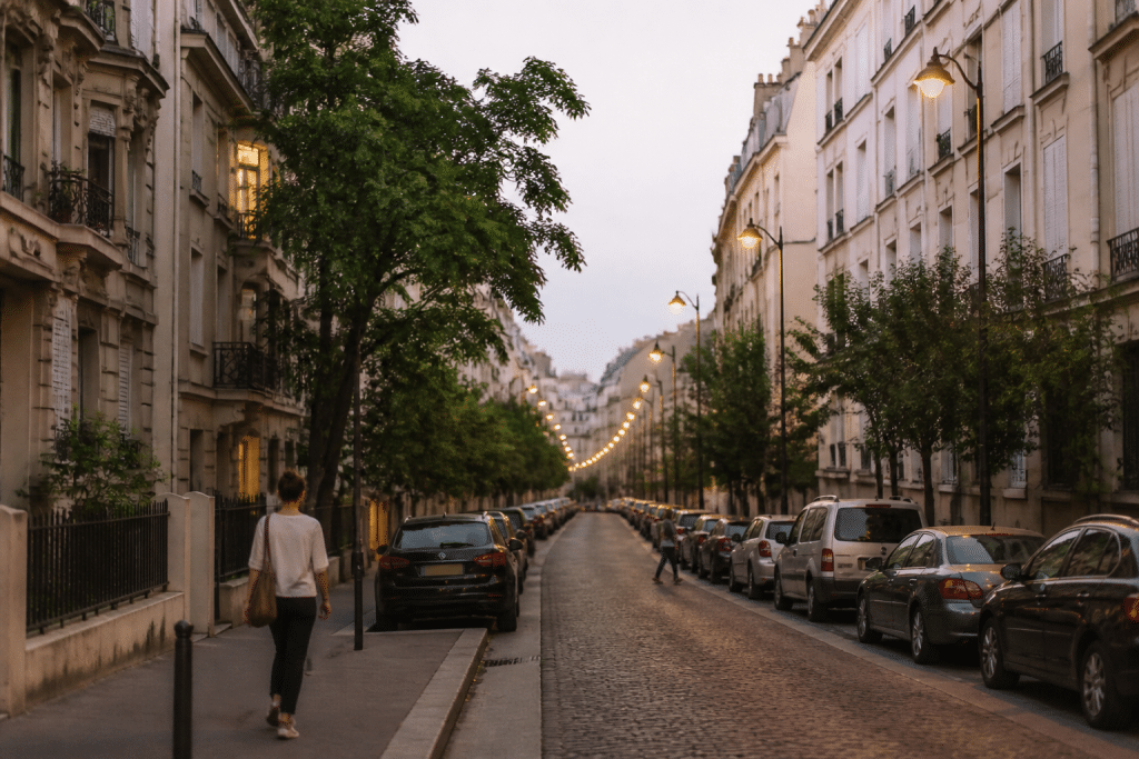 Rue residentielle avec immeubles, lampadaires et passants en soiree