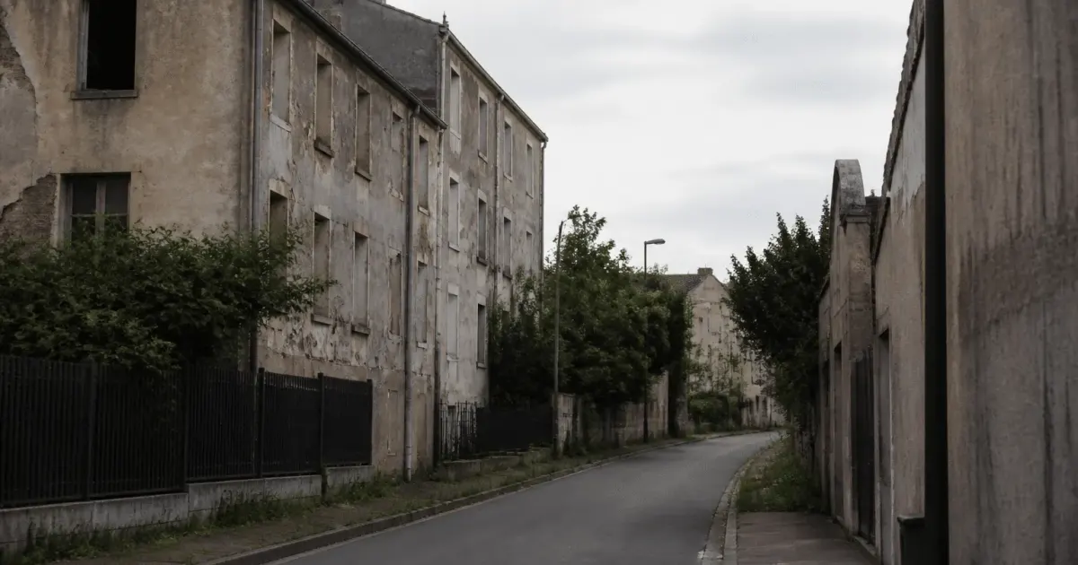 Rues desertes d'Antony avec batiments delabres en arriere-plan