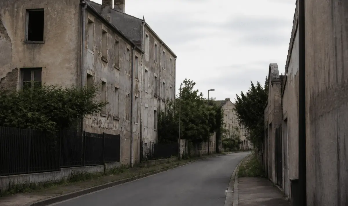 Rues desertes d'Antony avec batiments delabres en arriere-plan