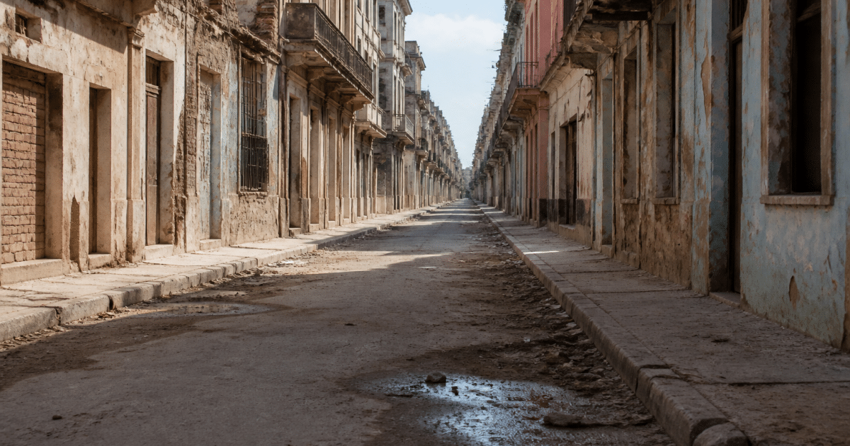 Rues desertes avec immeubles delabres et facades degradees
