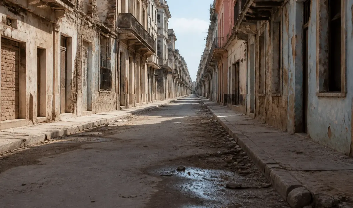 Rues desertes avec immeubles delabres et facades degradees