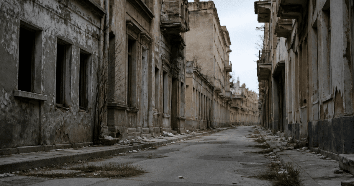 Rue urbaine degradee avec immeubles abandonnes et facades endommagees