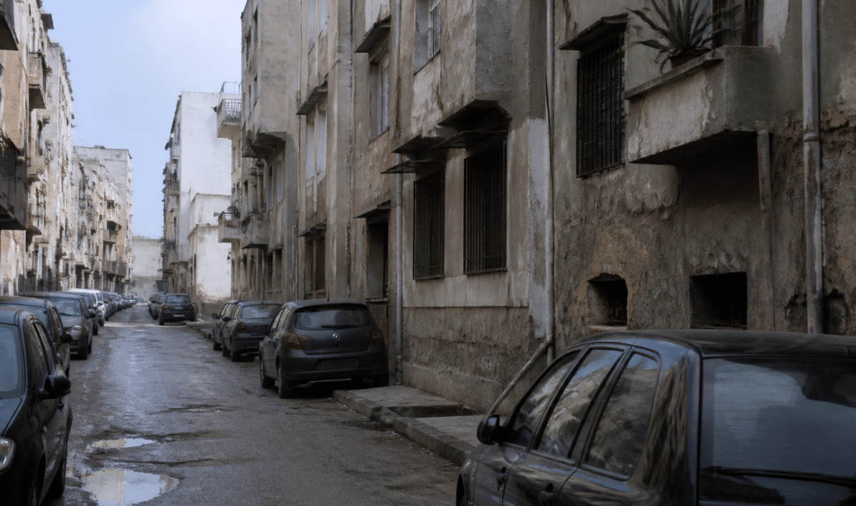Rues urbaines degradees avec immeubles delabres et facades ternies