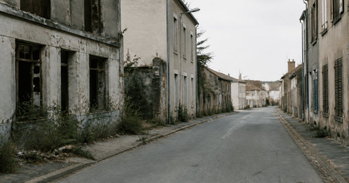 Rue déserte avec immeubles dégradés et bâtiments abandonnés Achères
