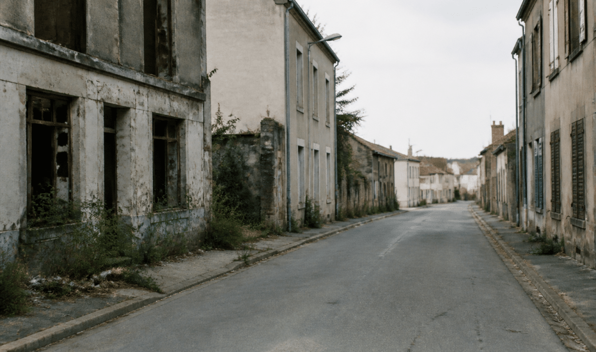 Rue déserte avec immeubles dégradés et bâtiments abandonnés Achères