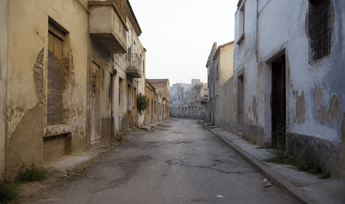 Rue urbaine desererte avec immeubles degrades et facades endommagees
