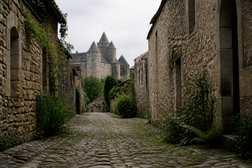 Ruelles pavées historiques avec château médiéval en arrière-plan