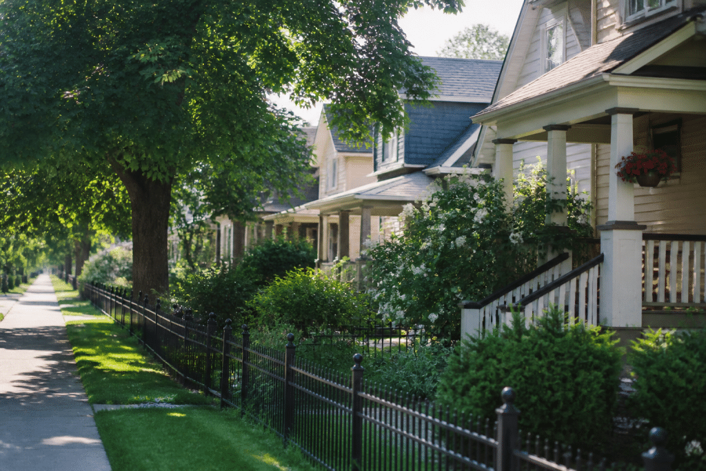 Maisons residentielles avec jardins verdoyants et rues calmes