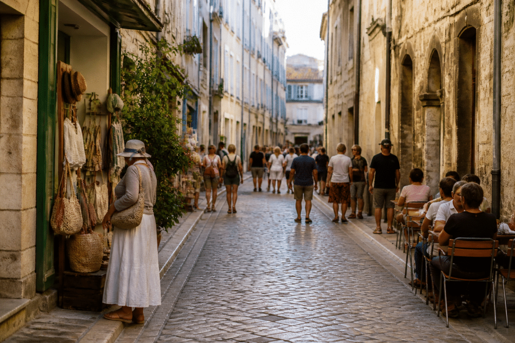 Rue pavée avec boutiques, restaurants et touristes flânant à Arles