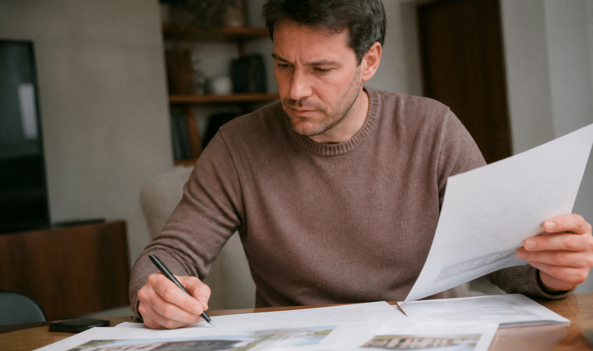 Homme assis à bureau examinant documents immobiliers réduction fiscale