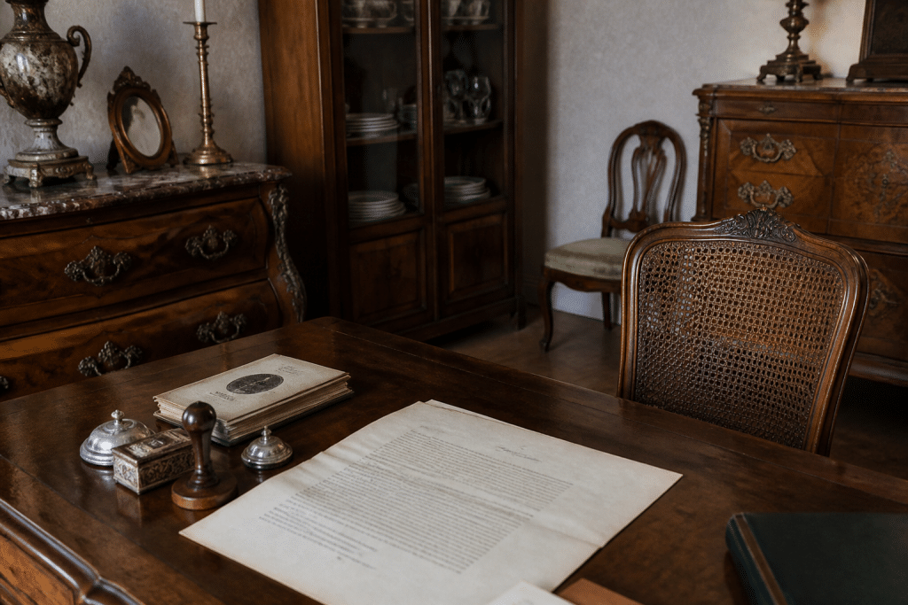 Document notarié avec mobilier ancien énuméré et estimé