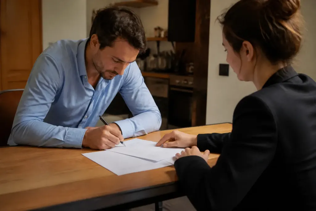 Acheteur et vendeur signant documents contractuels immobiliers