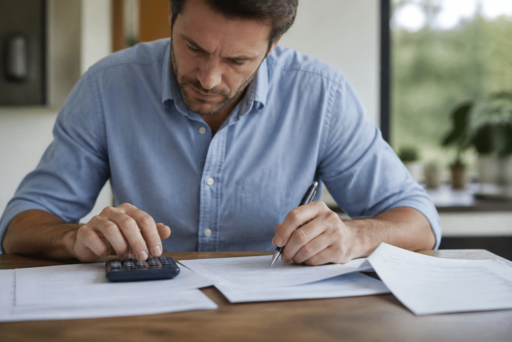 Personne consultant documents financiers avec calculatrice et stylo