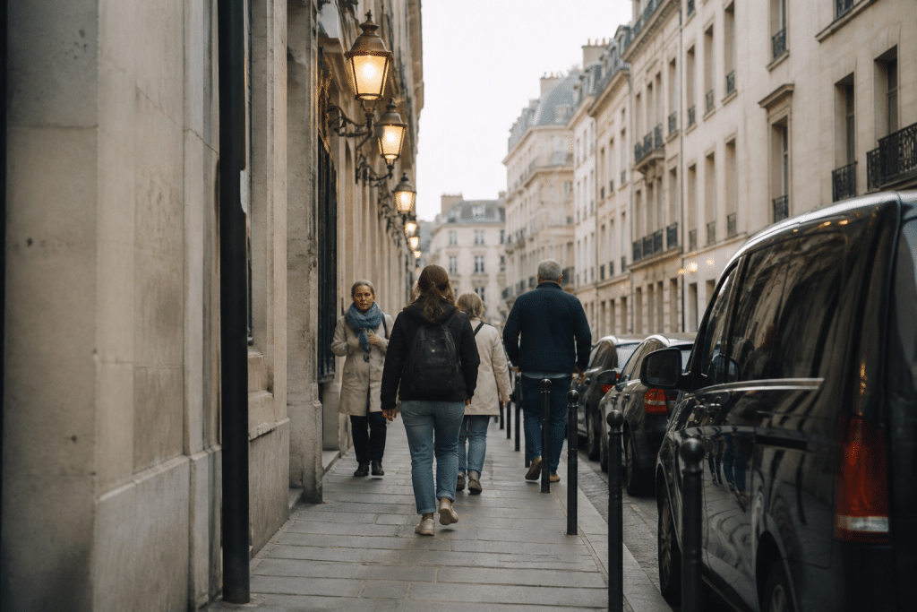 Rue d'Achères avec passants en journée et lampadaires éclairés
