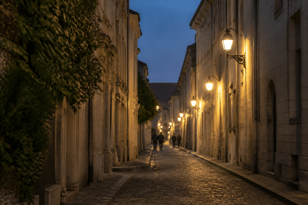 Rue historique de Tours avec lampadaires allumes le soir