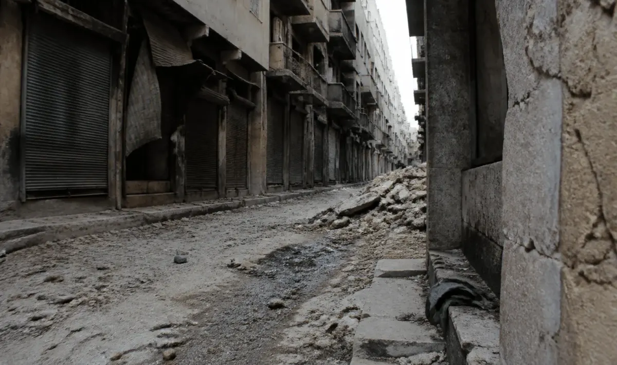 Rue sombre avec immeubles delabres et detritus au sol