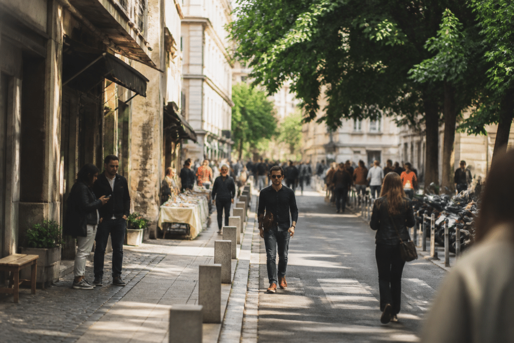 Rue urbaine animée avec commerces et passants en journée