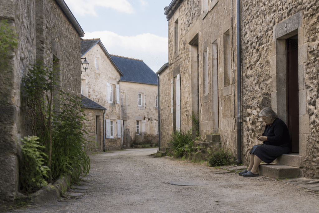 Rue tranquille de village avec facades intactes et calmes residents
