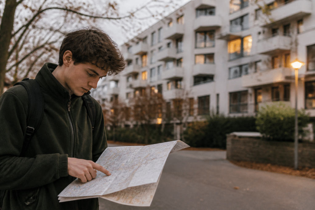 Etudiant consultant plan tramway devant immeuble résidentiel illuminé