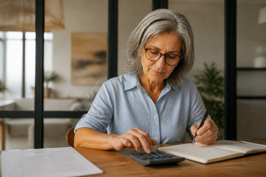 Personne senior consultant document assurance avec calculatrice visible