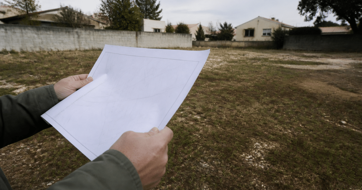 Mains tenant document cadastral au dessus terrain vide
