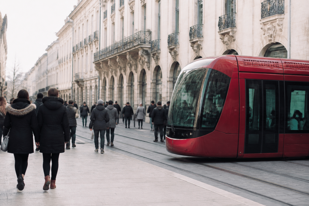 Tramway T1 rouge passant devant immeubles Nancy, piétons rue animée