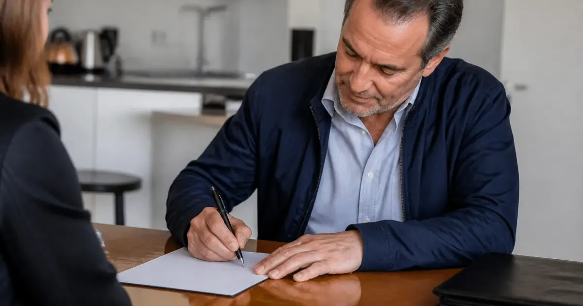 Vendeur signant document contrat avec stylo noir sur bureau