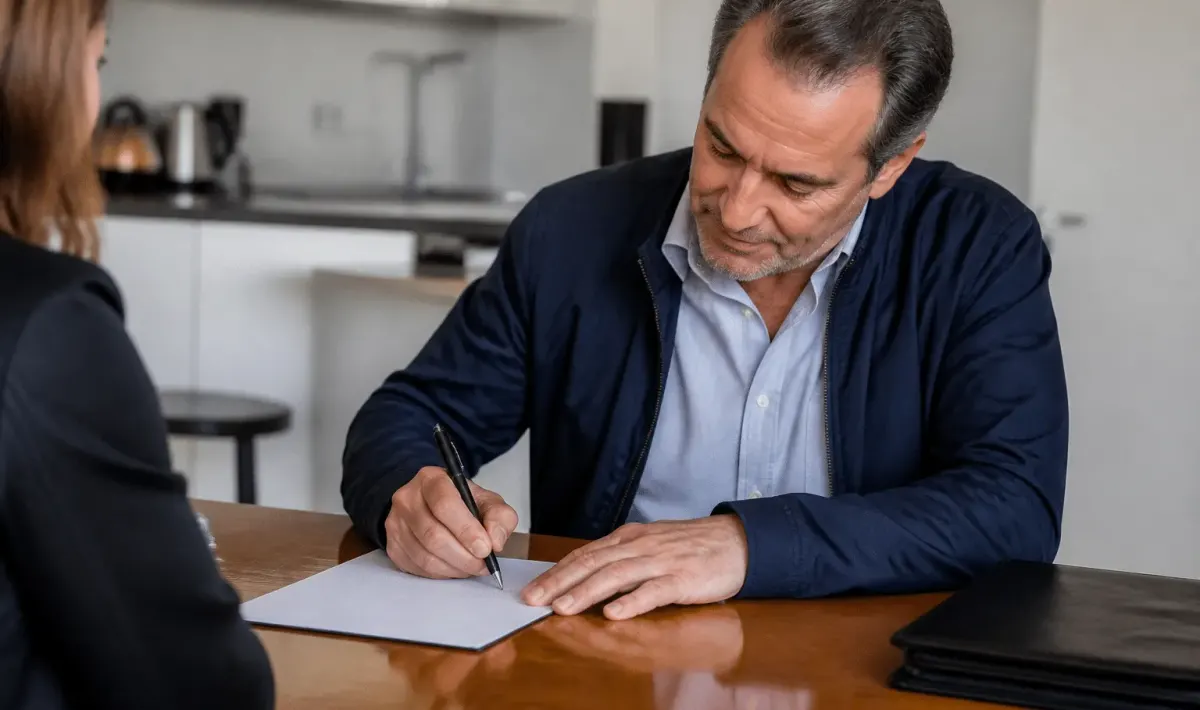 Vendeur signant document contrat avec stylo noir sur bureau