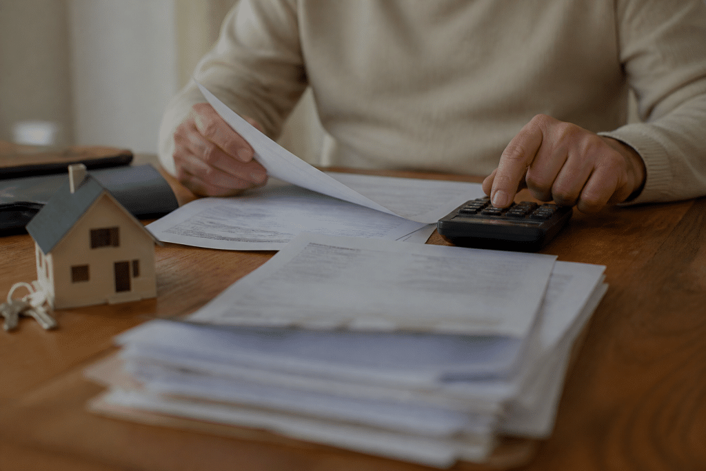Documents immobiliers et calculatrice montrant différence valeur succession
