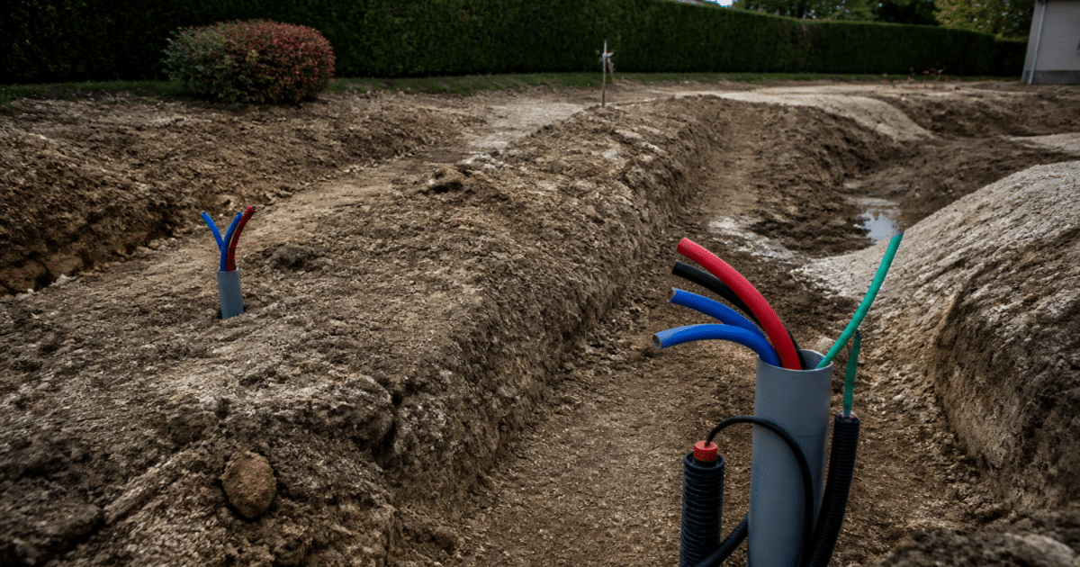 Chantier preparation terrain avec canalisations eau electricite telecommunications installes