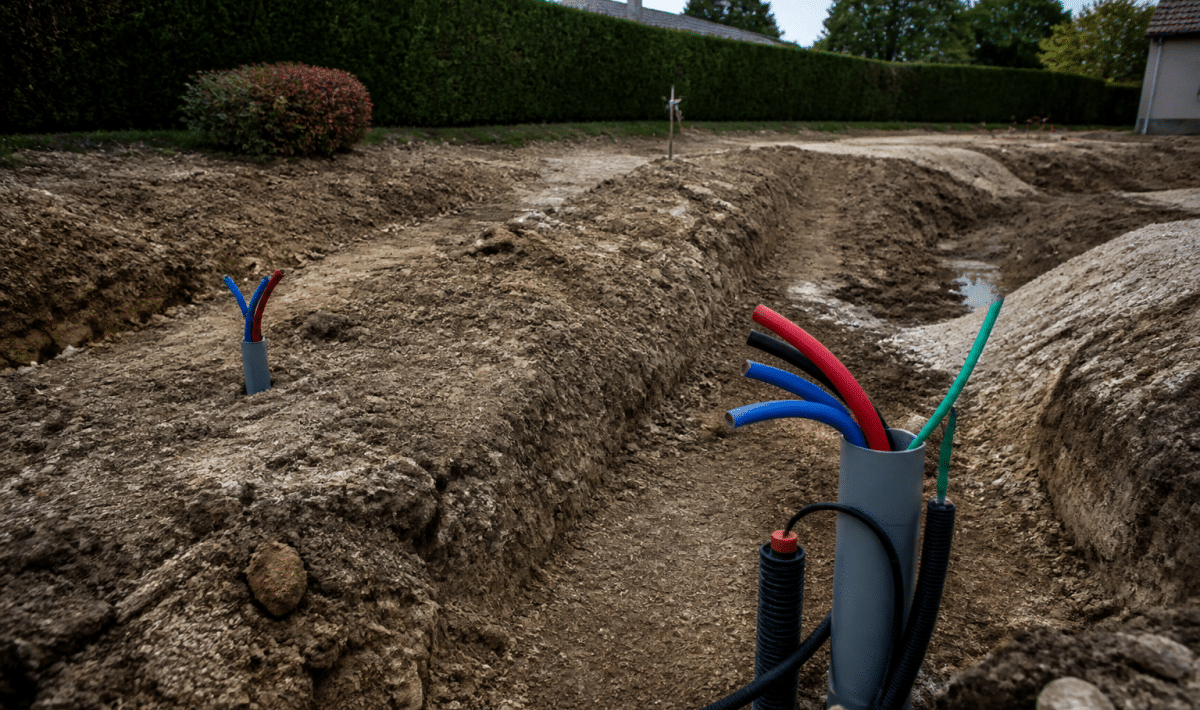 Chantier preparation terrain avec canalisations eau electricite telecommunications installes